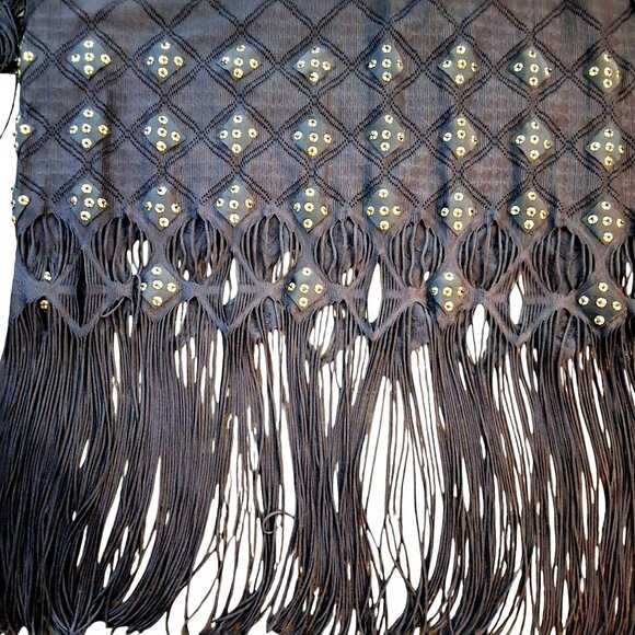 Despi Black Fringe Swimsuit Cover-Up Dress With Gold Sequins & Empire Waist Sz L - Picture 4 of 6